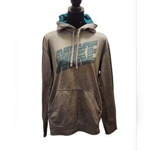 Nike Therma Fit Gray Hoodie with Teal NIKE Chest Spell Out Logo